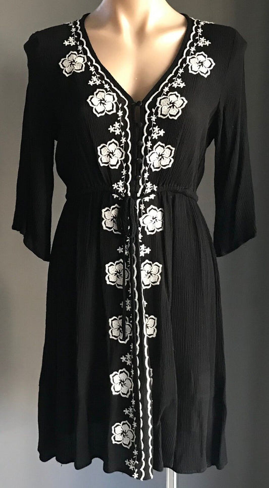 CAROLINE MORGAN Dress Black White Embroidered Elastic Waist Cheesecloth Siz 8 10