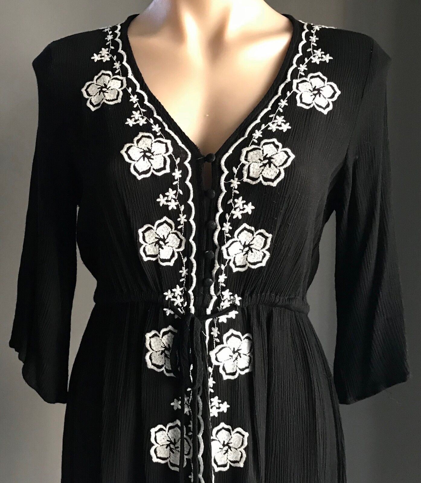 CAROLINE MORGAN Dress Black White Embroidered Elastic Waist Cheesecloth Siz 8 10