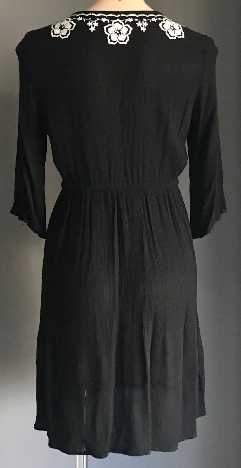 CAROLINE MORGAN Dress Black White Embroidered Elastic Waist Cheesecloth Siz 8 10