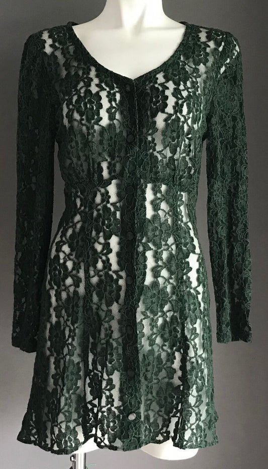 CLIQUES Vintage Gem Teal Green Floral Lace A-Line Long Sleeve Mini Dress Size 8