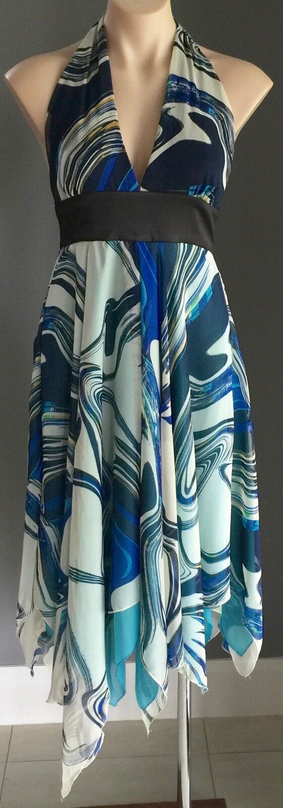 F GEAR Dress Blue Multi ColouredHalter Neck Handkerchief Hem Size 8 10 NEW