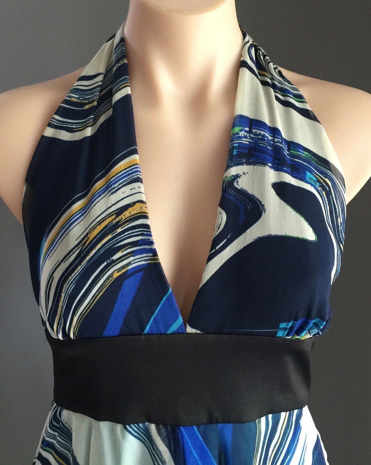F GEAR Dress Blue Multi ColouredHalter Neck Handkerchief Hem Size 8 10 NEW