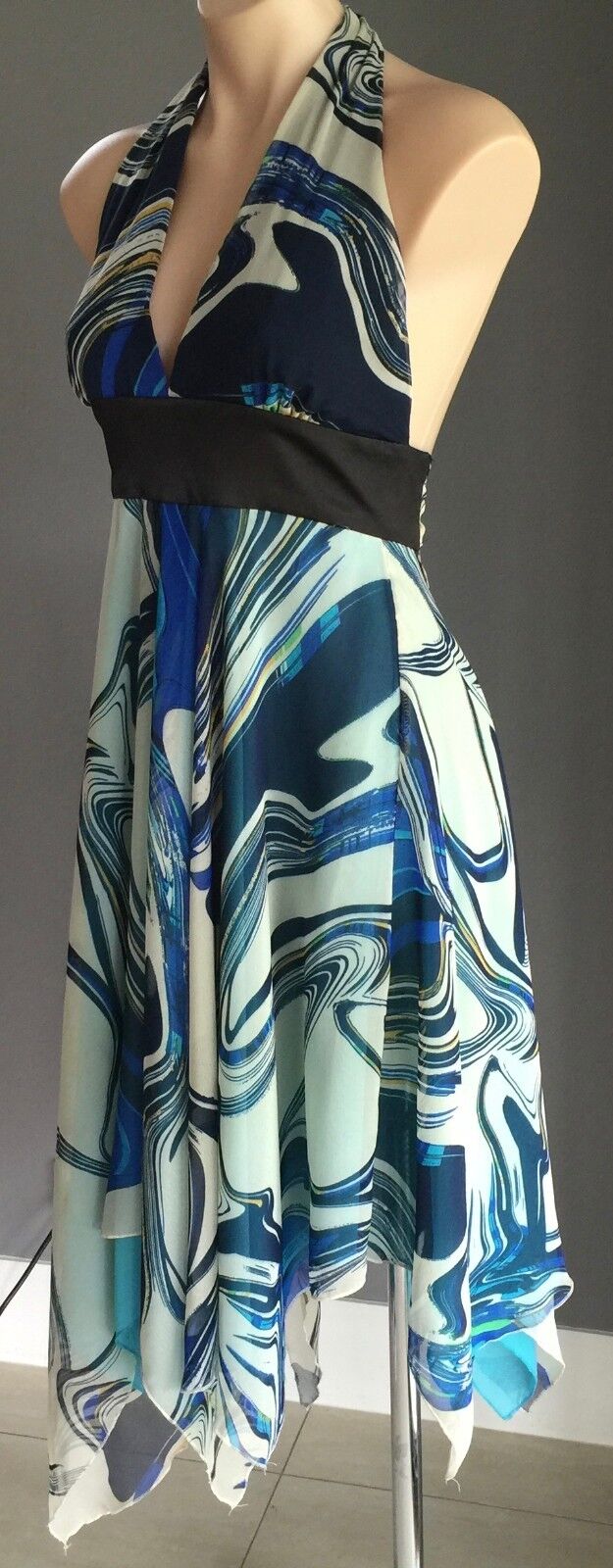 F GEAR Dress Blue Multi ColouredHalter Neck Handkerchief Hem Size 8 10 NEW