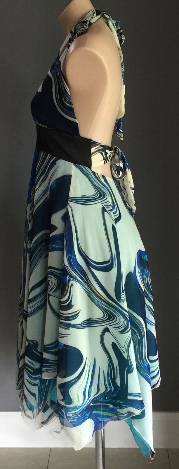 F GEAR Dress Blue Multi ColouredHalter Neck Handkerchief Hem Size 8 10 NEW