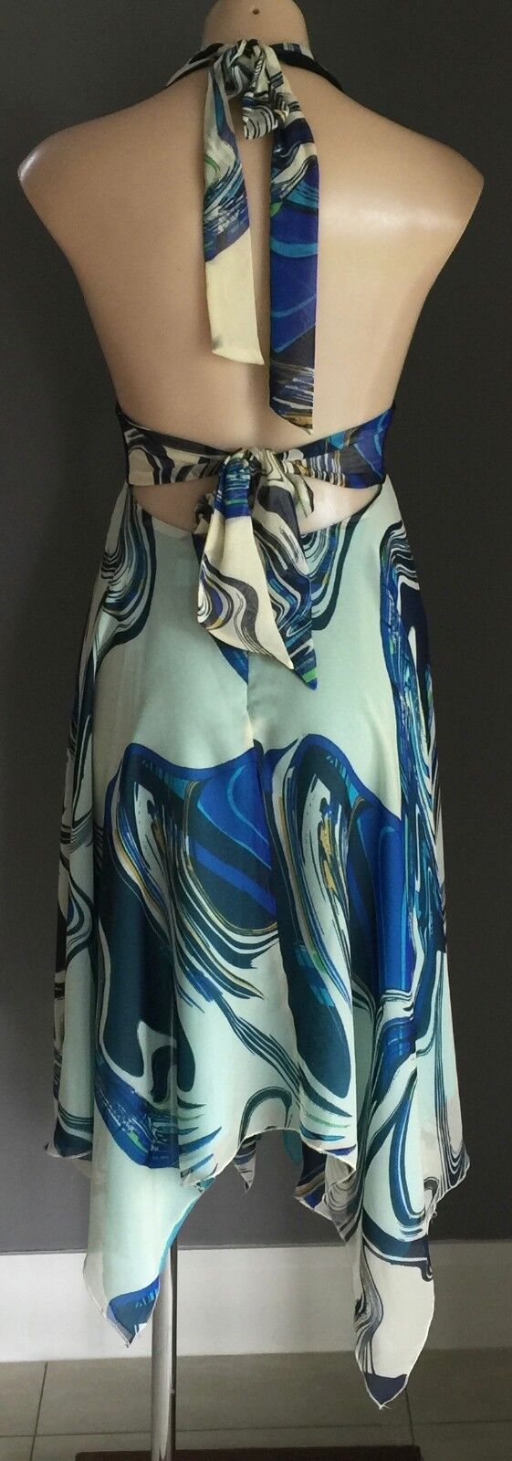 F GEAR Dress Blue Multi ColouredHalter Neck Handkerchief Hem Size 8 10 NEW