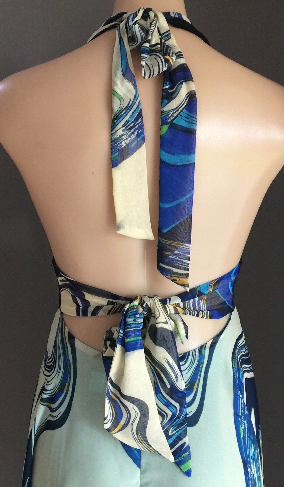 F GEAR Dress Blue Multi ColouredHalter Neck Handkerchief Hem Size 8 10 NEW