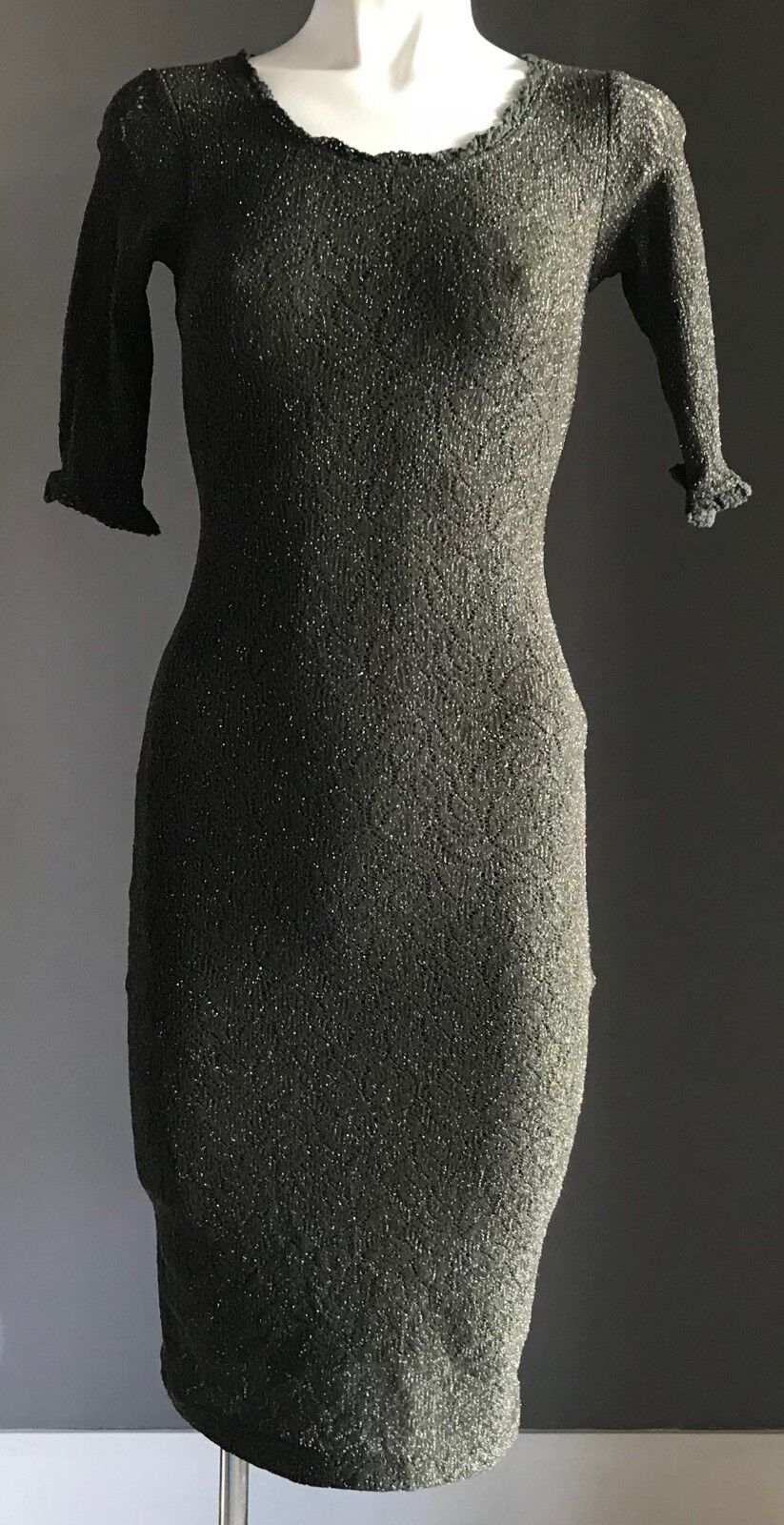 JOHNNY DEXTER Khaki Green Silver Metallic Stretch Sheath Dress Size 8 Retro