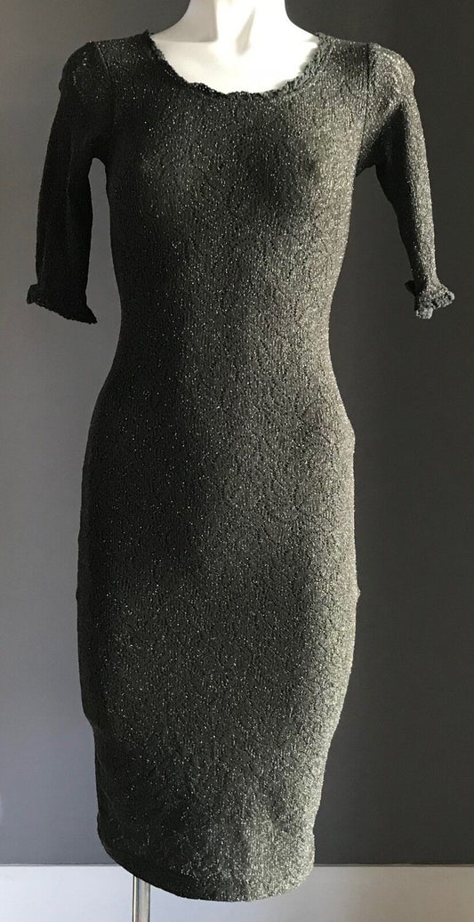 JOHNNY DEXTER Khaki Green Silver Metallic Stretch Sheath Dress Size 8 Retro