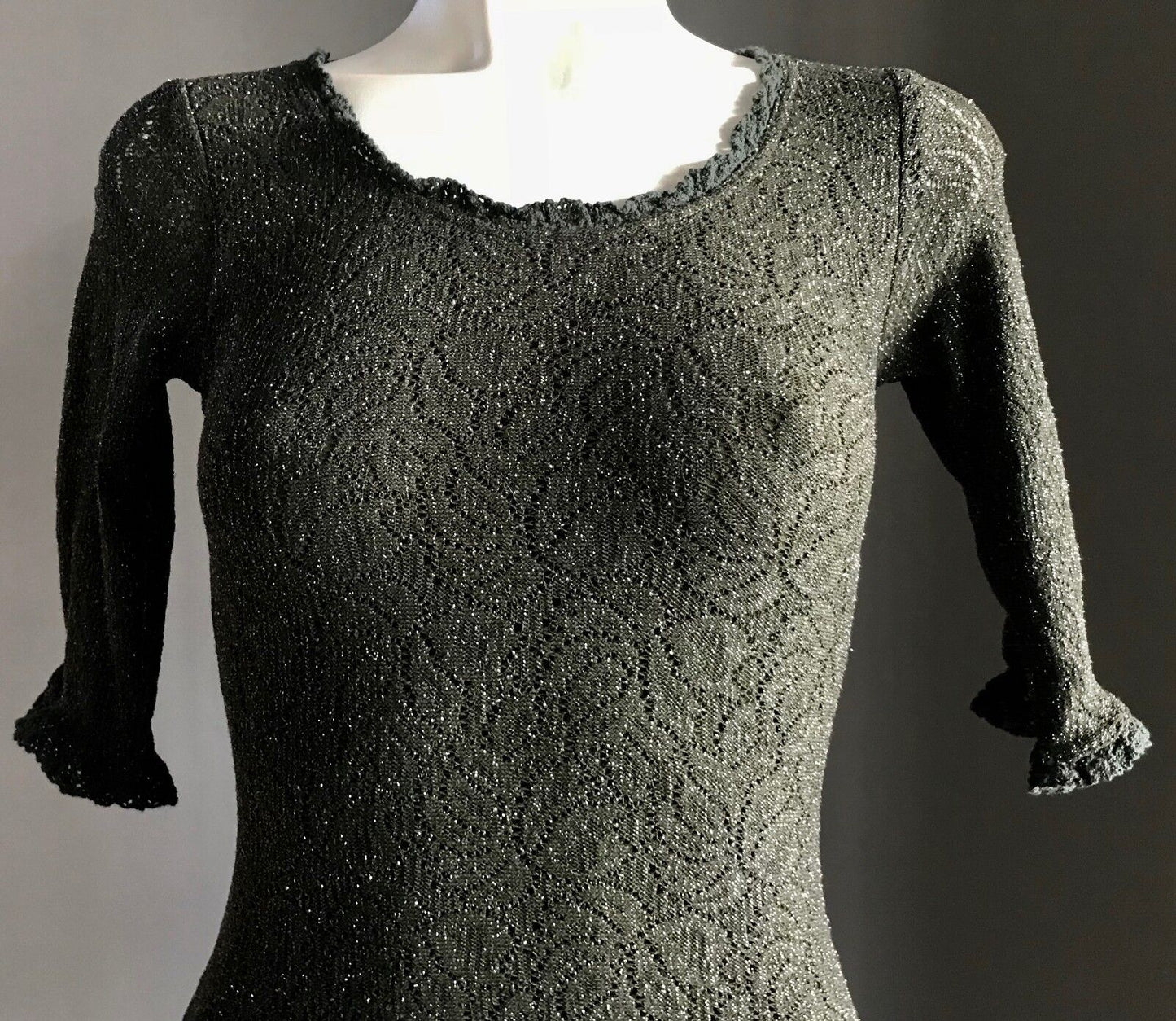 JOHNNY DEXTER Khaki Green Silver Metallic Stretch Sheath Dress Size 8 Retro
