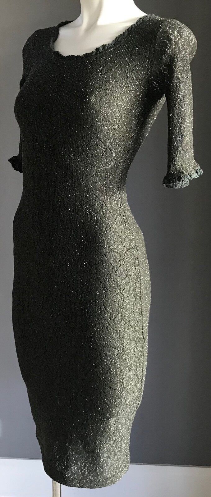 JOHNNY DEXTER Khaki Green Silver Metallic Stretch Sheath Dress Size 8 Retro