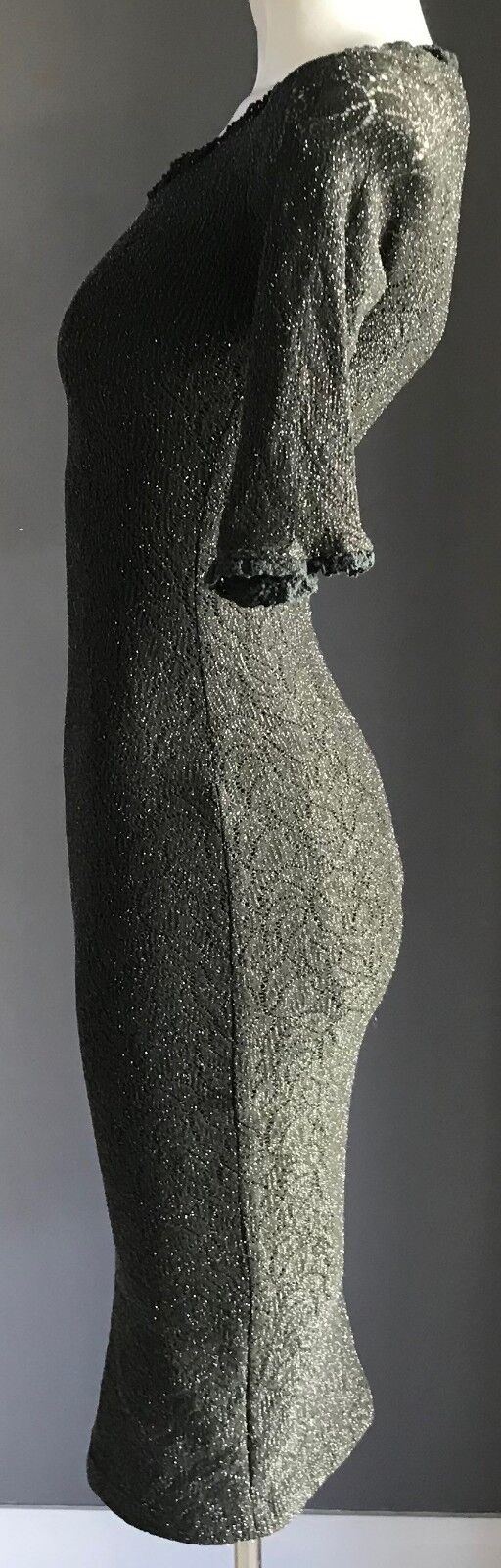 JOHNNY DEXTER Khaki Green Silver Metallic Stretch Sheath Dress Size 8 Retro
