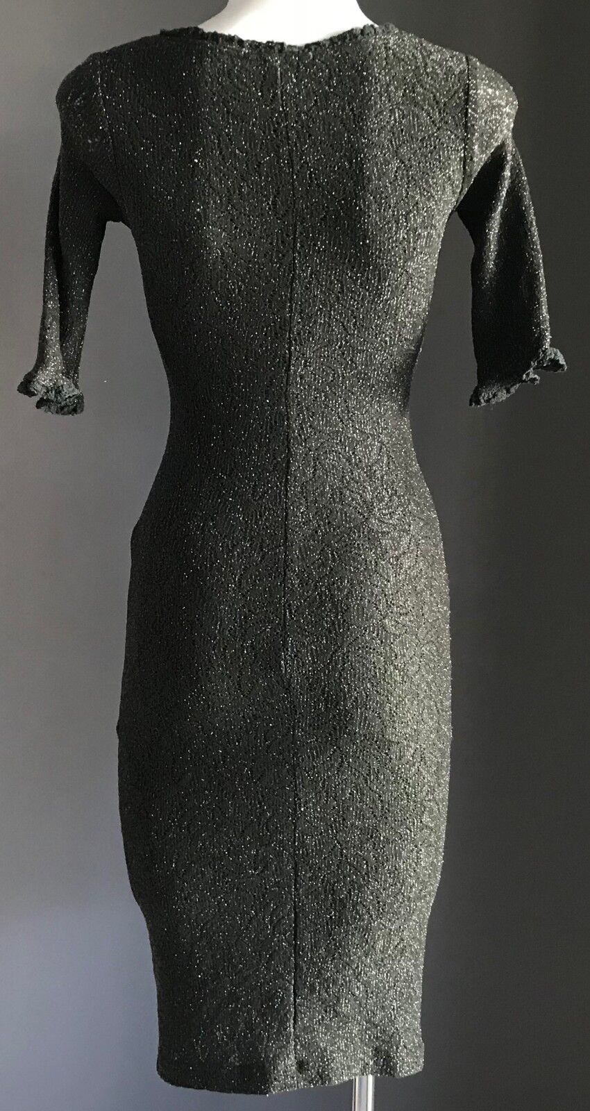 JOHNNY DEXTER Khaki Green Silver Metallic Stretch Sheath Dress Size 8 Retro