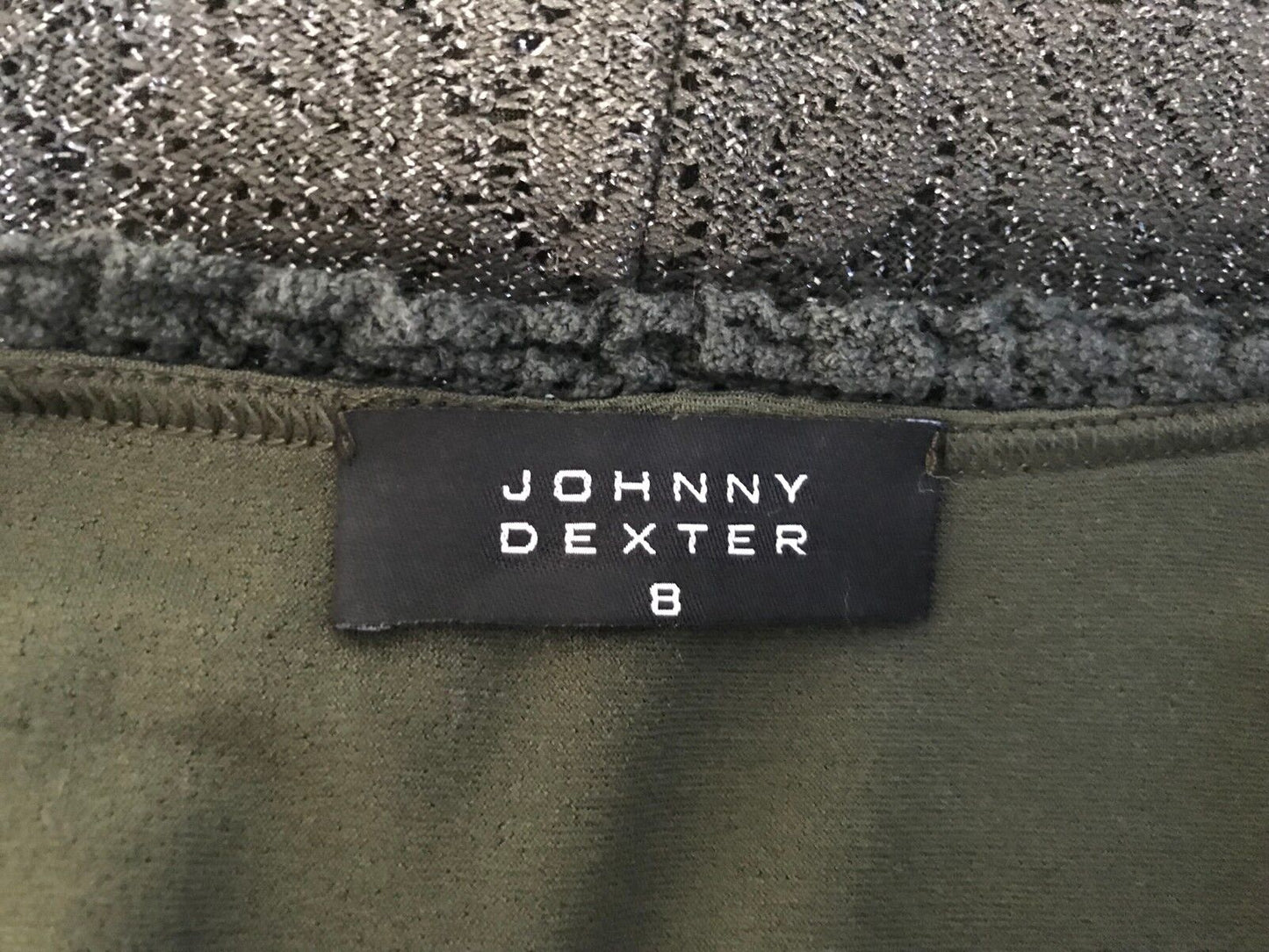 JOHNNY DEXTER Khaki Green Silver Metallic Stretch Sheath Dress Size 8 Retro