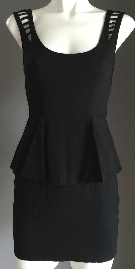 VALLEYGIRL Mini Dress Black Stretch Sleeveless Peplum Waist LBD Ladies Size 8
