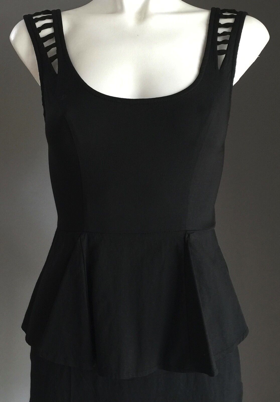 VALLEYGIRL Mini Dress Black Stretch Sleeveless Peplum Waist LBD Ladies Size 8