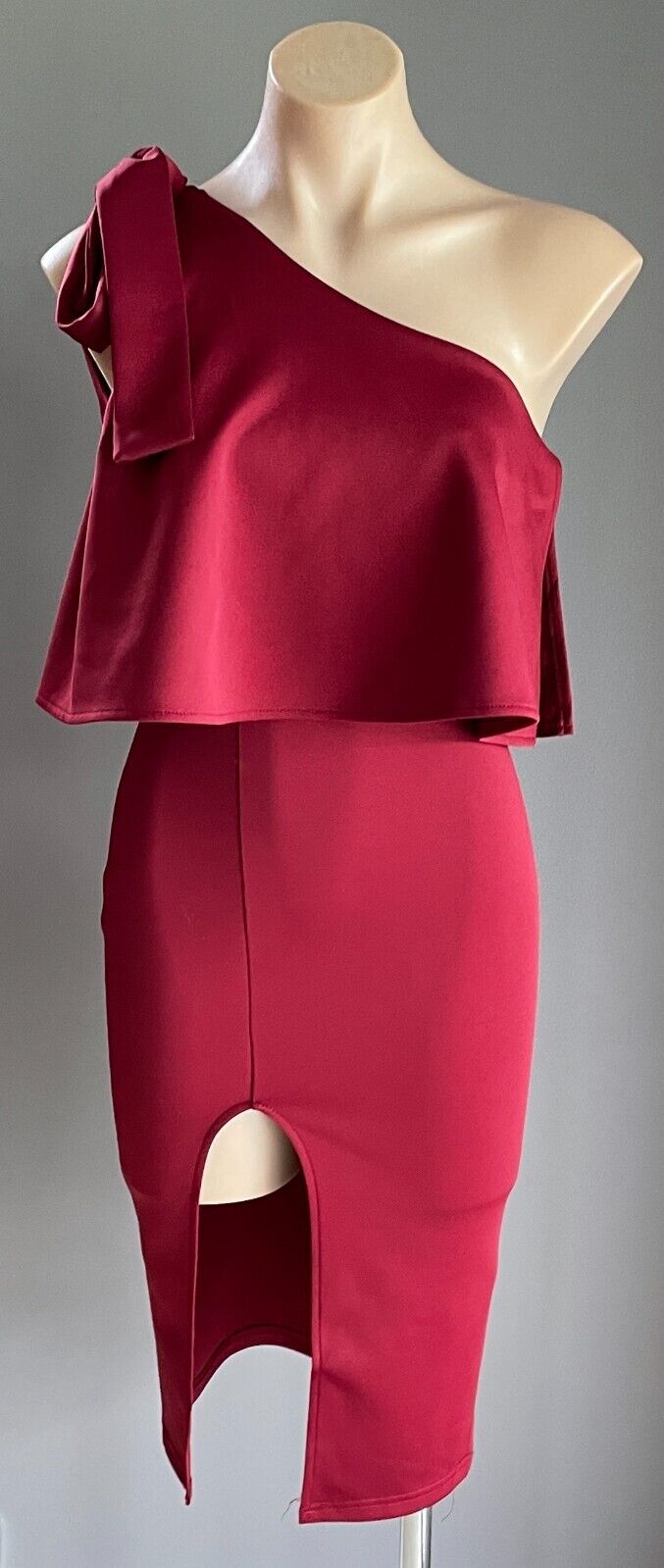 PASSION FUSION Midi Dress Burgundy One Shoulder Tie Trim Slit Front Sz 8 10 NEW