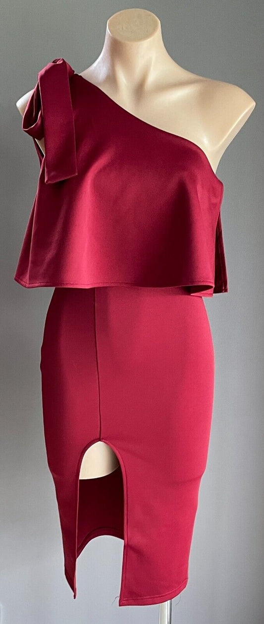 PASSION FUSION Midi Dress Burgundy One Shoulder Tie Trim Slit Front Sz 8 10 NEW