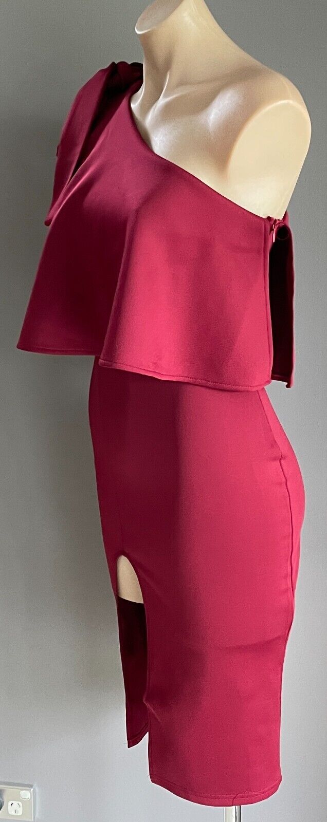 PASSION FUSION Midi Dress Burgundy One Shoulder Tie Trim Slit Front Sz 8 10 NEW