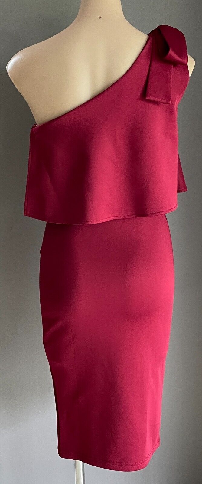 PASSION FUSION Midi Dress Burgundy One Shoulder Tie Trim Slit Front Sz 8 10 NEW