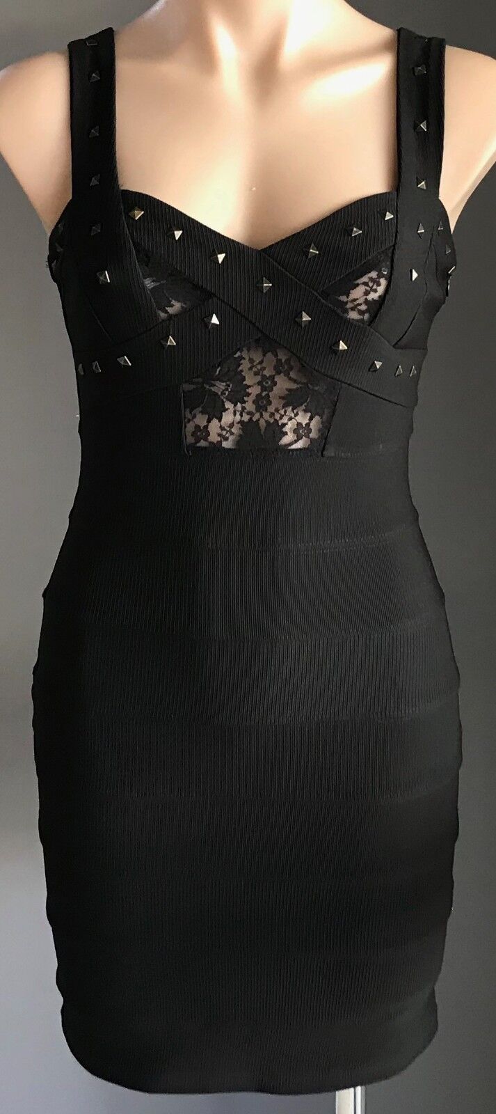SUNNY GIRL Bandage Dress Black Stretch w Lace & Stud Trim Ladies Size 8 10 NEW