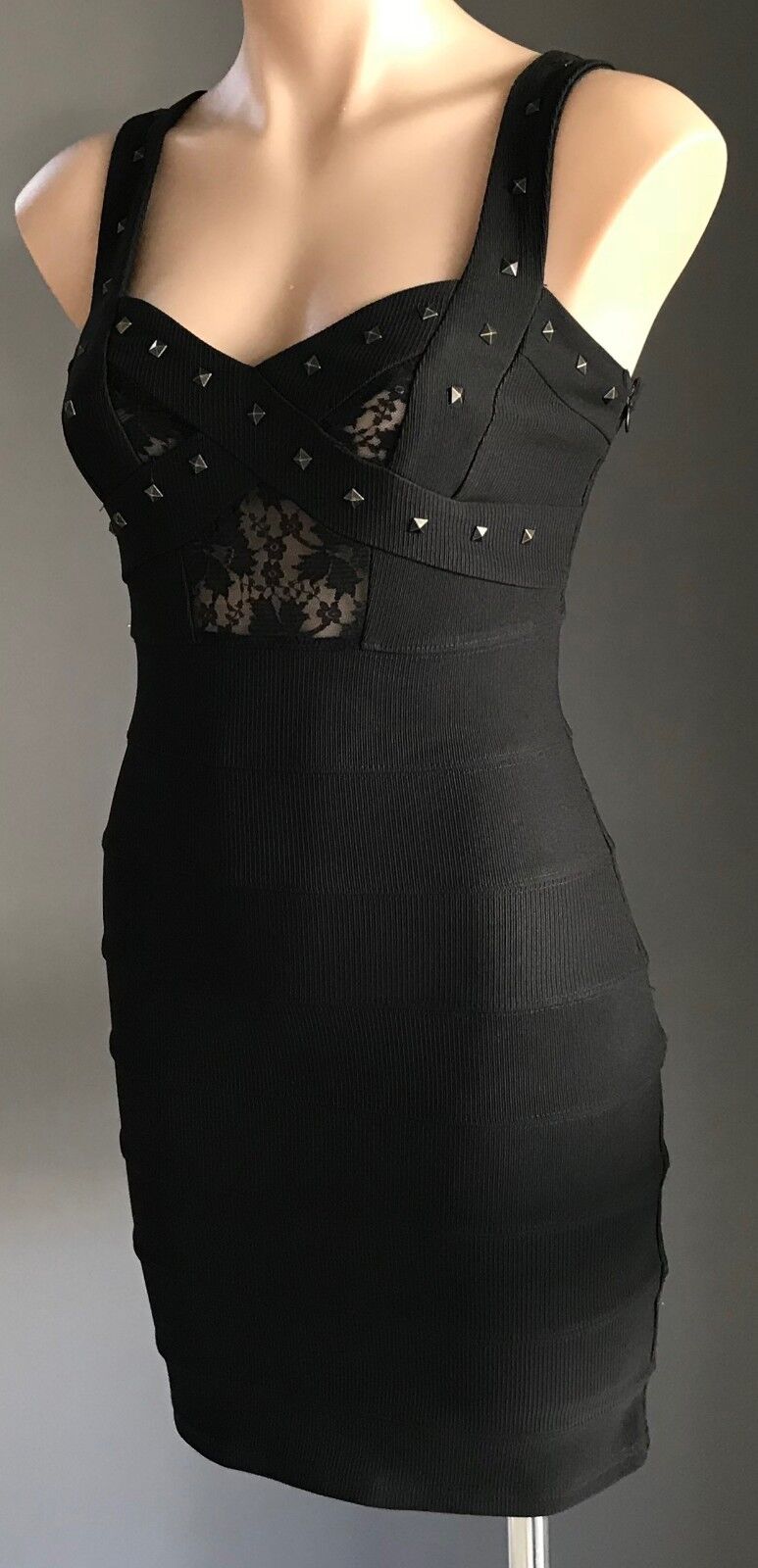 SUNNY GIRL Bandage Dress Black Stretch w Lace & Stud Trim Ladies Size 8 10 NEW