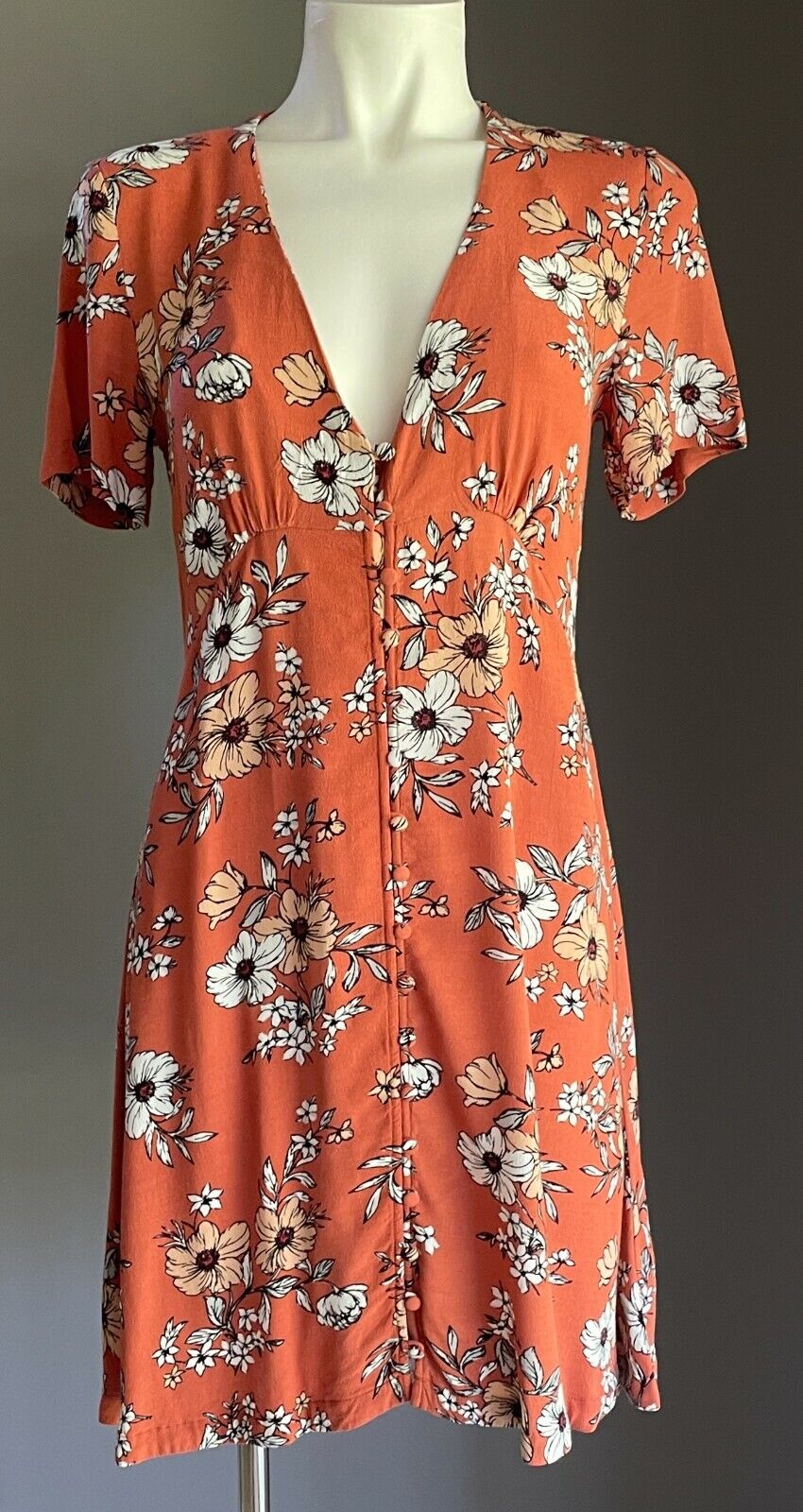 SPORTSGIRL Dress Brown Floral Print Short Sleeve Button Front Short Sz 6 8 10