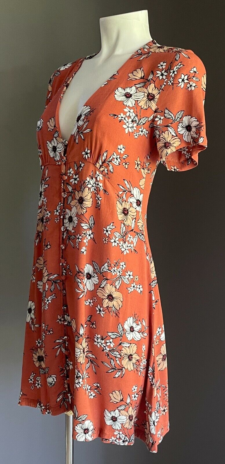 SPORTSGIRL Dress Brown Floral Print Short Sleeve Button Front Short Sz 6 8 10