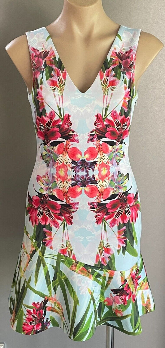 KAREN MILLEN Dress Graphic Floral Print V-Neck Sleeveless Flounce Hem Size AU 10
