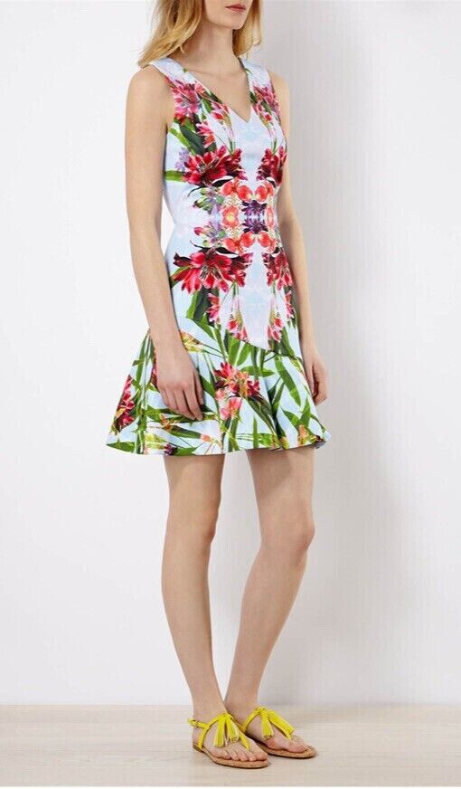 KAREN MILLEN Dress Graphic Floral Print V-Neck Sleeveless Flounce Hem Size AU 10
