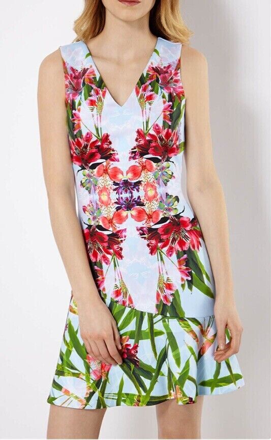 KAREN MILLEN Dress Graphic Floral Print V-Neck Sleeveless Flounce Hem Size AU 10