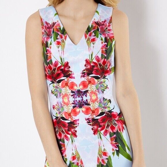 KAREN MILLEN Dress Graphic Floral Print V-Neck Sleeveless Flounce Hem Size AU 10