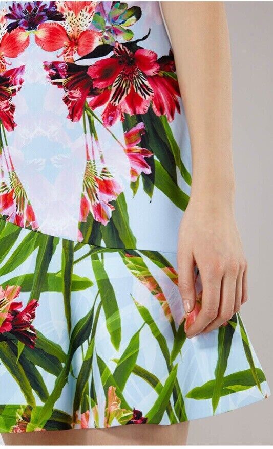 KAREN MILLEN Dress Graphic Floral Print V-Neck Sleeveless Flounce Hem Size AU 10