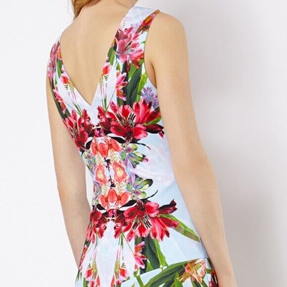 KAREN MILLEN Dress Graphic Floral Print V-Neck Sleeveless Flounce Hem Size AU 10