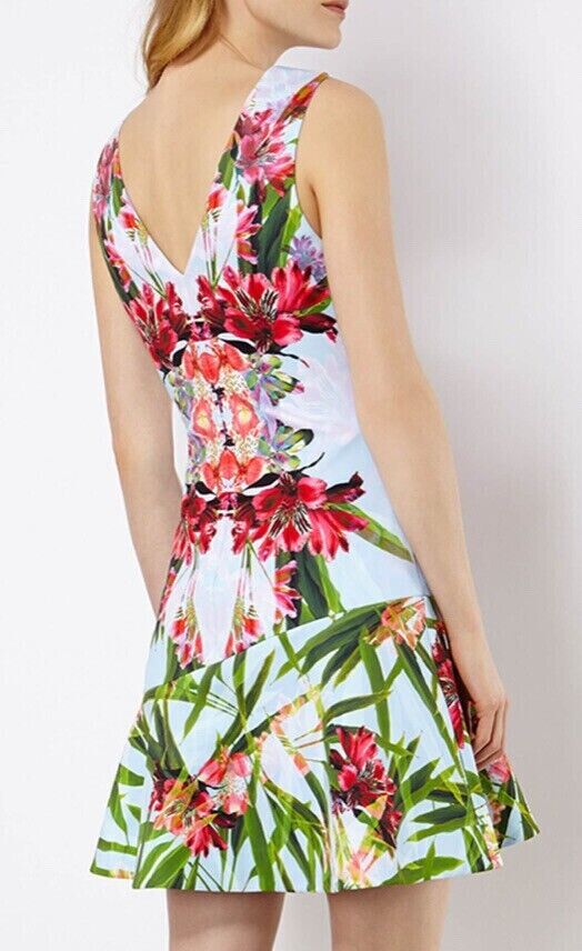 KAREN MILLEN Dress Graphic Floral Print V-Neck Sleeveless Flounce Hem Size AU 10