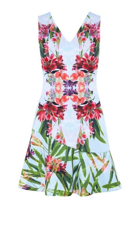 KAREN MILLEN Dress Graphic Floral Print V-Neck Sleeveless Flounce Hem Size AU 10