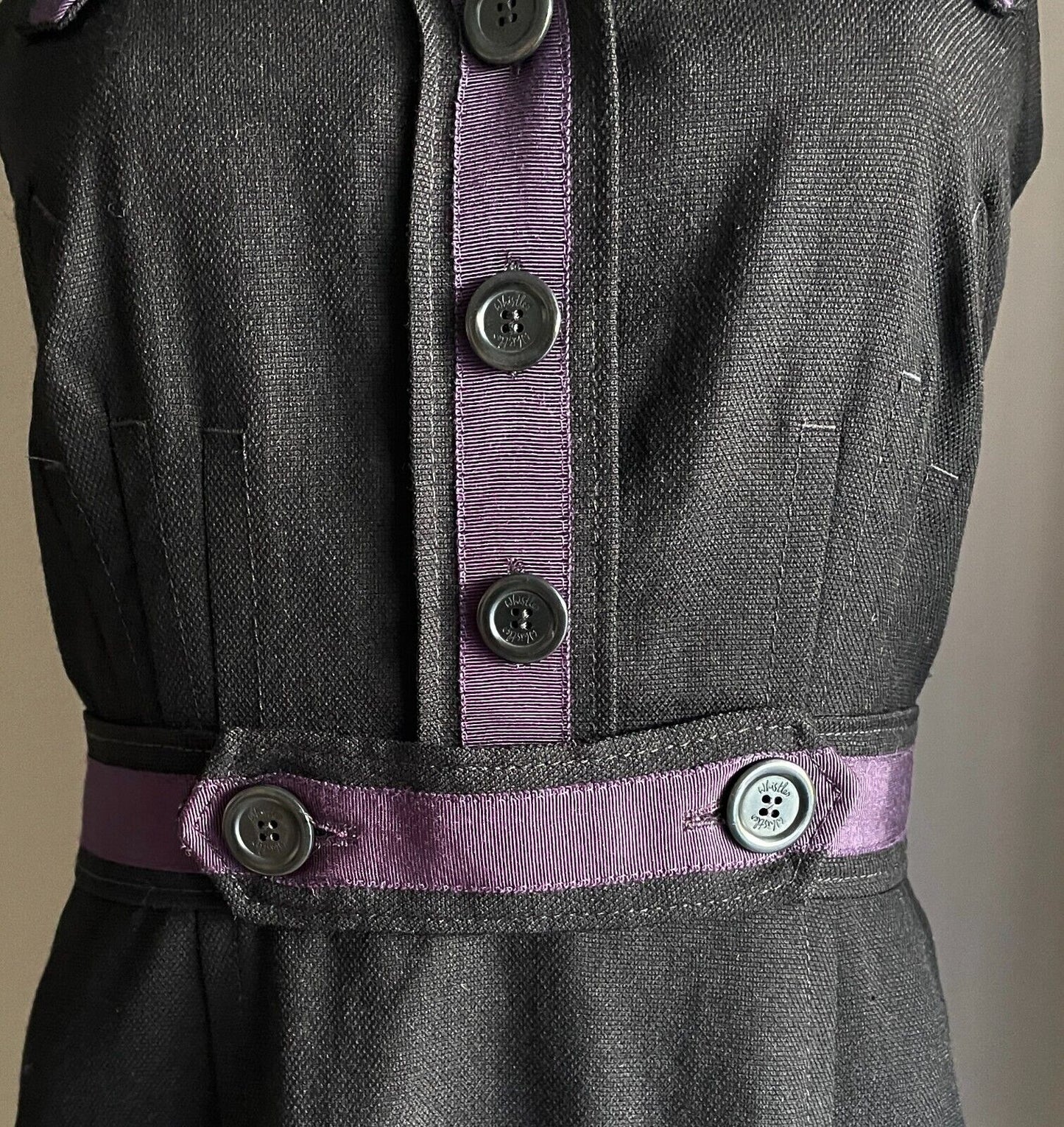 WHISTLES Black & Purple Trim Sleeveless Pinafore Style Wool Dress Size 8