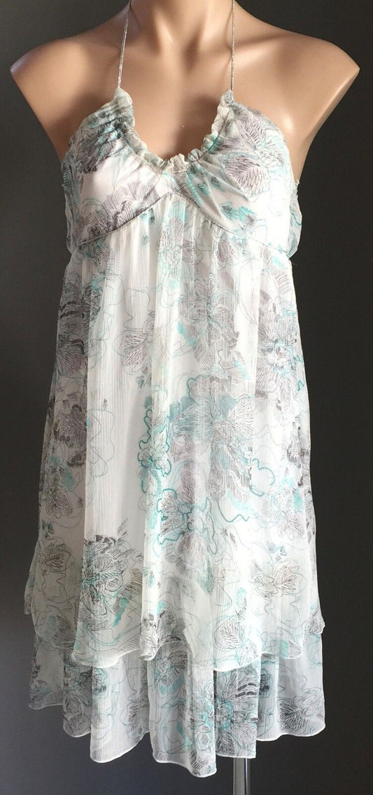 GINGHAM & HEELS Halter Neck Dress Green Black & White Floral Size M 10 Gorgeous