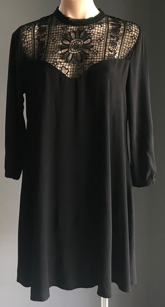 FOREVER 21 Smock Dress Black Long Sleeve Lace Yoke Size M 12 Retro