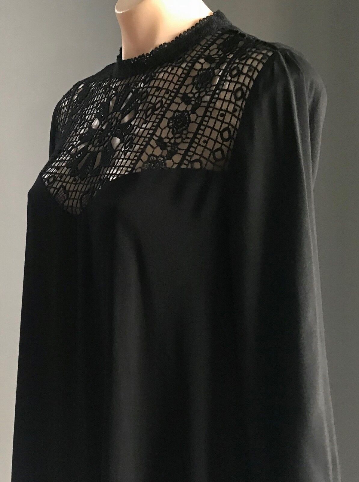 FOREVER 21 Smock Dress Black Long Sleeve Lace Yoke Size M 12 Retro