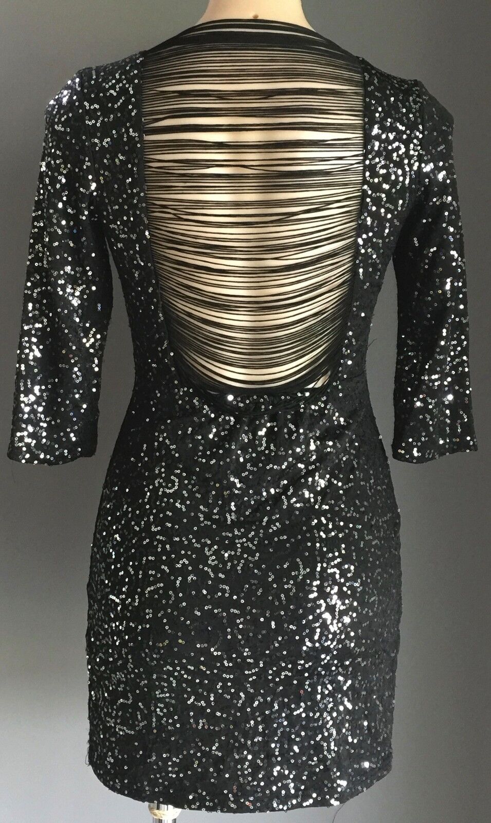 SAINT SHYLO Dress MINI Black & Silver Sequin Open Back 3/4 Sleeve Size M 10 NEW