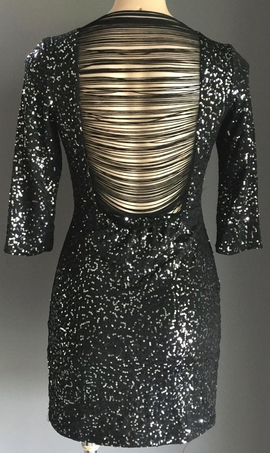 SAINT SHYLO Dress MINI Black & Silver Sequin Open Back 3/4 Sleeve Size M 10 NEW