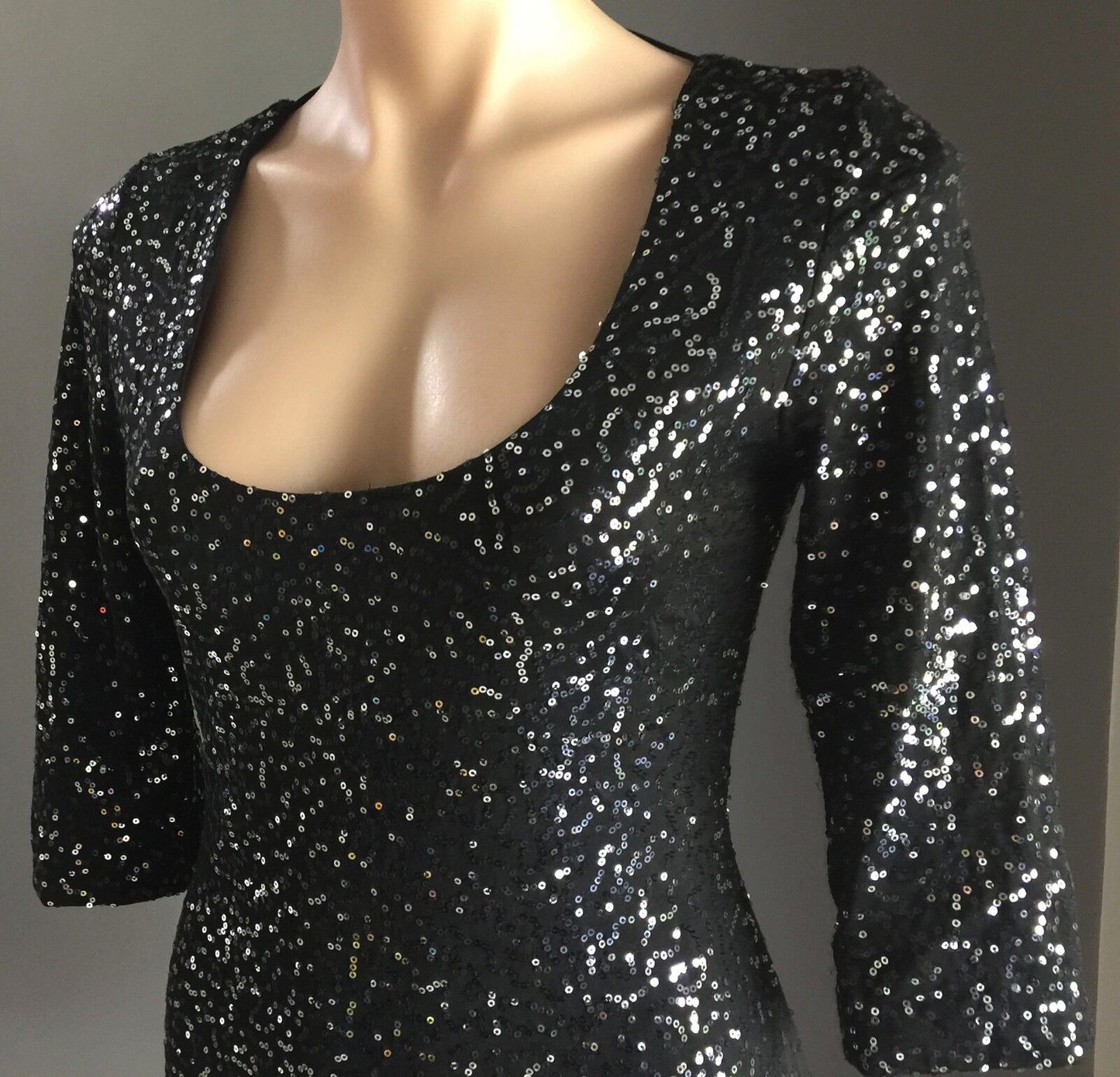 SAINT SHYLO Dress MINI Black & Silver Sequin Open Back 3/4 Sleeve Size M 10 NEW