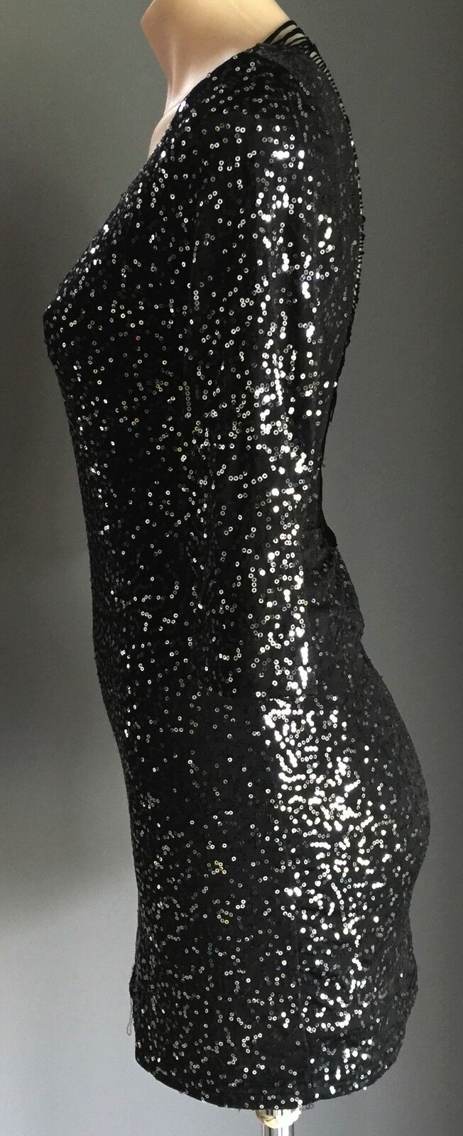 SAINT SHYLO Dress MINI Black & Silver Sequin Open Back 3/4 Sleeve Size M 10 NEW