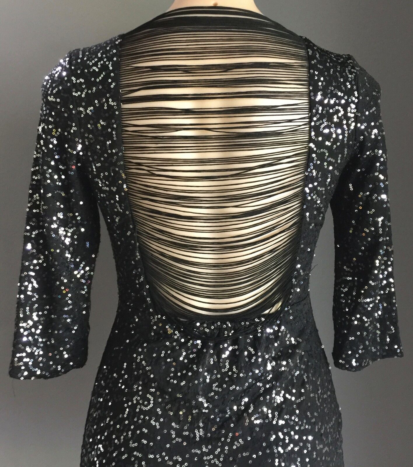 SAINT SHYLO Dress MINI Black & Silver Sequin Open Back 3/4 Sleeve Size M 10 NEW