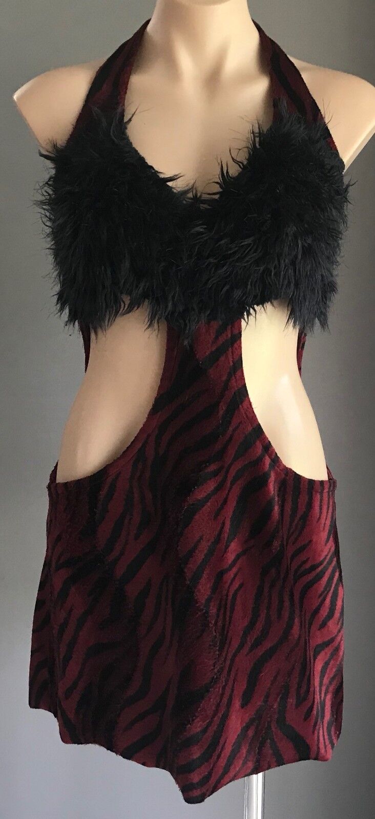 GoGo Dress BABZOTICA LONDON 1960's Black & Burgundy Velour Cut Out Sides M 12