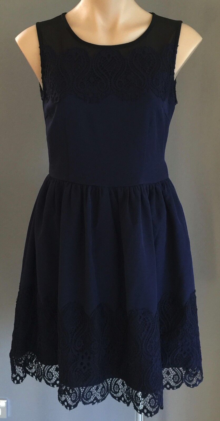 EZRA PREMIUM Dress Fit & Flare Navy Blue Sheer Yoke Lace  Size M 10 12 NEW