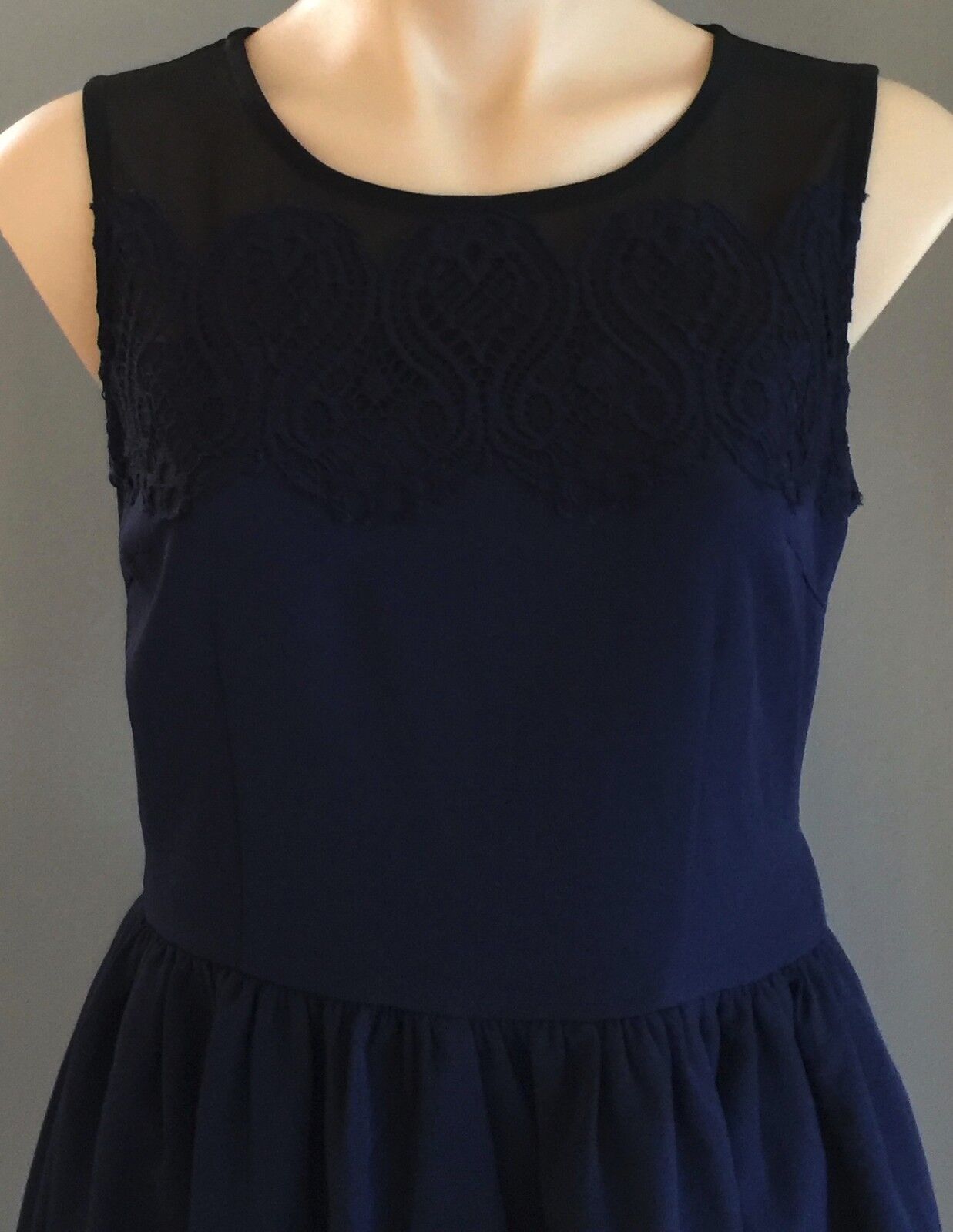 EZRA PREMIUM Dress Fit & Flare Navy Blue Sheer Yoke Lace  Size M 10 12 NEW