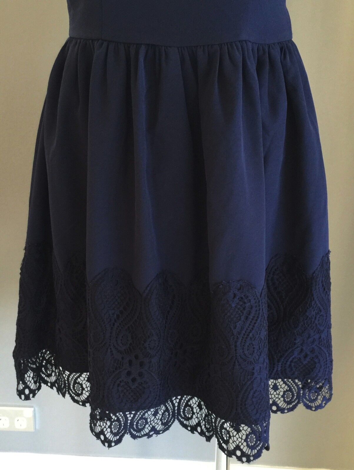 EZRA PREMIUM Dress Fit & Flare Navy Blue Sheer Yoke Lace  Size M 10 12 NEW