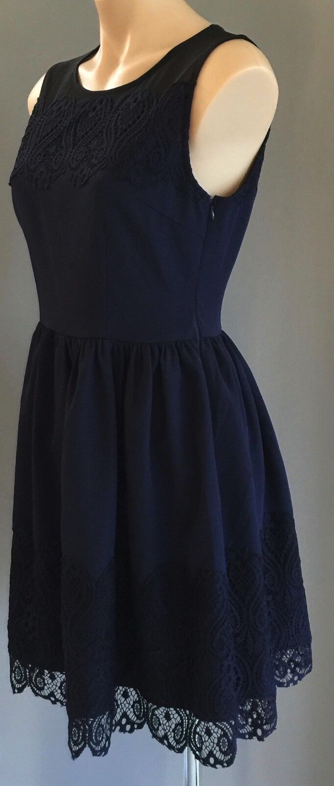 EZRA PREMIUM Dress Fit & Flare Navy Blue Sheer Yoke Lace  Size M 10 12 NEW
