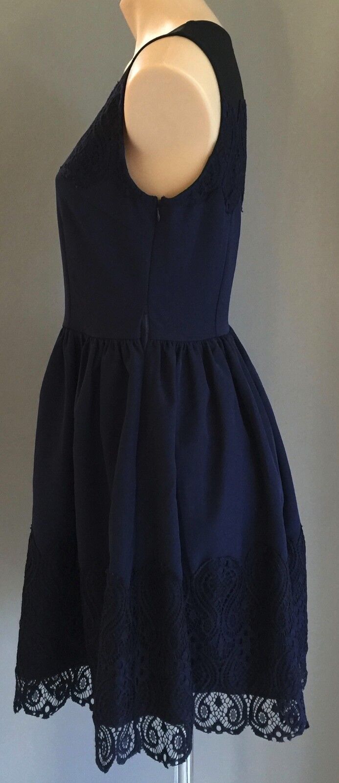 EZRA PREMIUM Dress Fit & Flare Navy Blue Sheer Yoke Lace  Size M 10 12 NEW